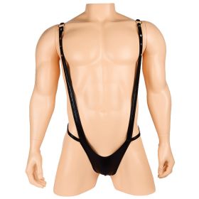 Men's Black Imitation Patent Leather PU Sexy One-piece Suspender T Pants
