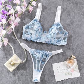 French Embroidery Underwear Three-point Sweet Women's Two-piece Set (Option: Sky Blue-S)