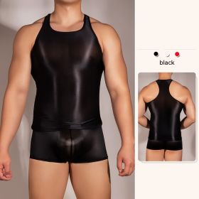 Men's Lingerie Tight Clothes Super Elastic Vest Short Sleeve Temptation (Option: Black Top-Average Size)