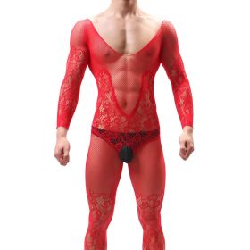Men's Embroidered Mesh Stockings Long Sleeve (Option: Red-One Size)