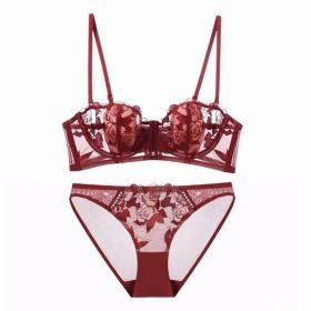 French Lace Flower Embroidered Underwear Soft Steel Ring (Option: Reddish Brown Suit-70B)