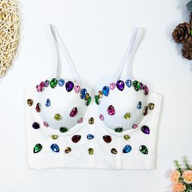 Beaded Fishbone Spaghetti Straps Outerwear Corset Short Skinny Gem Colorful Crystals Tube Top (Option: White-34B)