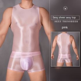 Men's Sexy Nylon Underwear Tight Sexy Super Elastic Vest (Option: Pink Tops-Average Size)