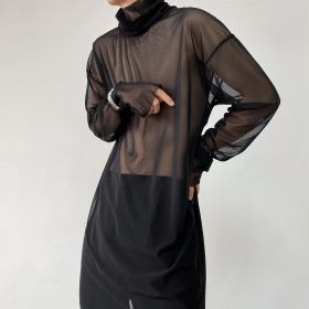 Mid-length Mesh T-shirt Men's Long-sleeved Transparent Mesh Inner And Outer T-shirt Nightclub (Option: Black-L)