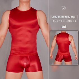 Men's Sexy Nylon Underwear Tight Sexy Super Elastic Vest (Option: Red Tops-Average Size)