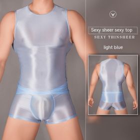 Men's Sexy Nylon Underwear Tight Sexy Super Elastic Vest (Option: Light Blue Tops-Average Size)