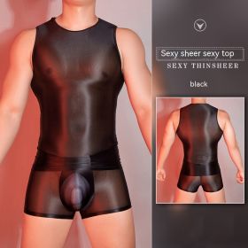 Men's Sexy Nylon Underwear Tight Sexy Super Elastic Vest (Option: Black Tops-Average Size)