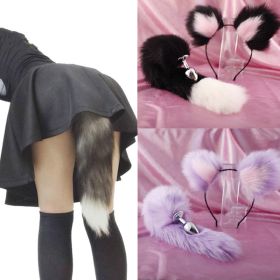 Fox Anal Plug Sex Toys Foxtail Bow Metal Butt Anal Plug Cute Bow-Knot Soft Cat Ears Headbands Erotic Cosplay Couples Accessories (Color: Full purple)