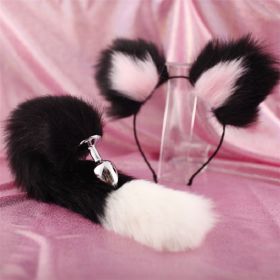 Fox Anal Plug Sex Toys Foxtail Bow Metal Butt Anal Plug Cute Bow-Knot Soft Cat Ears Headbands Erotic Cosplay Couples Accessories (Color: Black powder ear)
