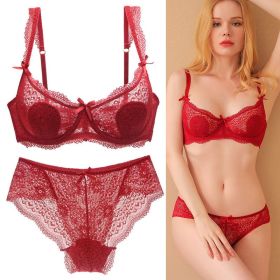 Women's Sexy Lace Transparent Super Thin Push Bra Set (Option: Red-70B)