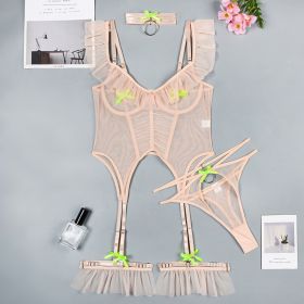 High Quality 4 Pieces Mesh Girls Sexy Lingerie Sets (Option: Apricot-L)