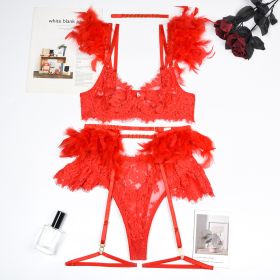 Feather Sexy Lingerie Lace Women Underwear Bra Panty (Option: Red-L)