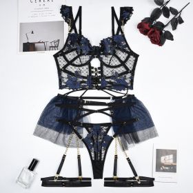 Heavy Industry Chain Mesh Stitching Sexy Lingerie Four-piece Set (Option: Blue Black-XL)