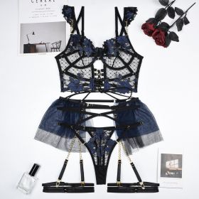 Heavy Industry Chain Mesh Stitching Sexy Lingerie Four-piece Set (Option: Blue Black-L)