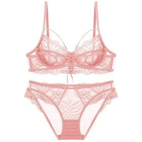 Ribbon Big Chest Show Small Half See-through Bra Set (Option: Pink-85D)