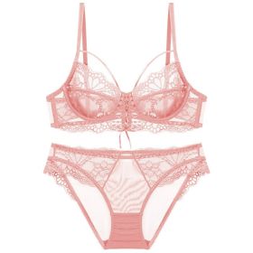 Ribbon Big Chest Show Small Half See-through Bra Set (Option: Pink-90C)