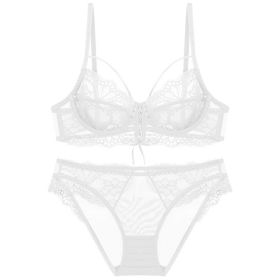 Ribbon Big Chest Show Small Half See-through Bra Set (Option: White-80D)