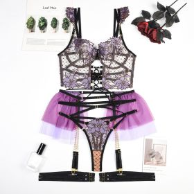 Heavy Industry Chain Mesh Stitching Sexy Lingerie Four-piece Set (Option: Purple-L)
