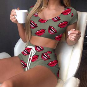 Round Necked Milk Silk Lip Print Women's Pajama Set (Option: 4style-XL)