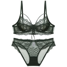 Ribbon Big Chest Show Small Half See-through Bra Set (Option: Green-85C)