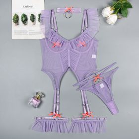 High Quality 4 Pieces Mesh Girls Sexy Lingerie Sets (Option: Light Purple-L)